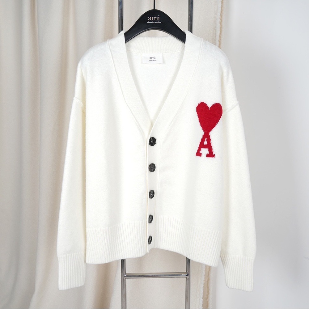 Chic White Cardigan with Red Heart by AMI